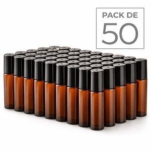 50 Pack 10ml Amber Glass Roll On Bottles w/ Steel Ball & Caps